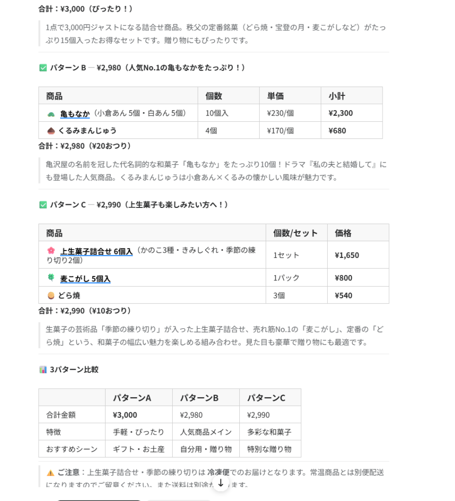予算3,000円で地元和菓子屋の和菓子をAIに選ばせるデモ実演結果